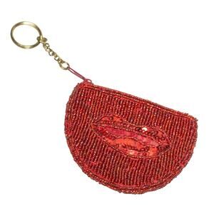Coin Purse VINTAGE Red Lips Beaded & Sequenced Design Change Pouch Key Chain